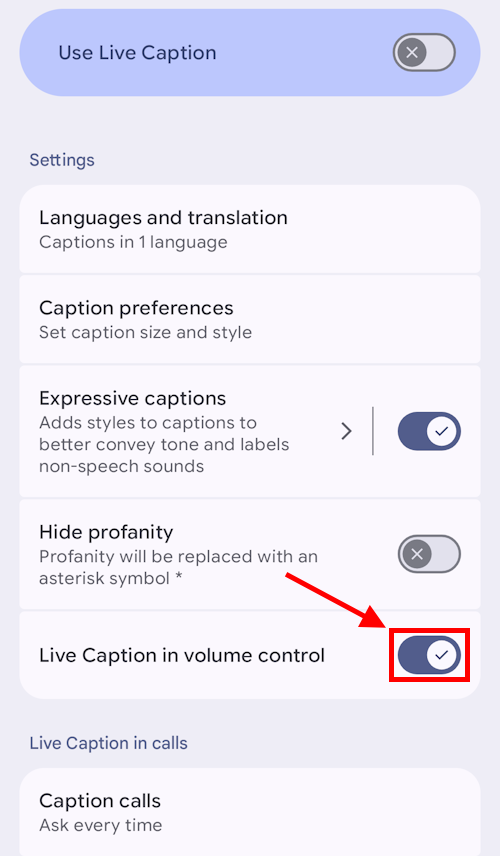 Tap the switch for Live Caption in volume control